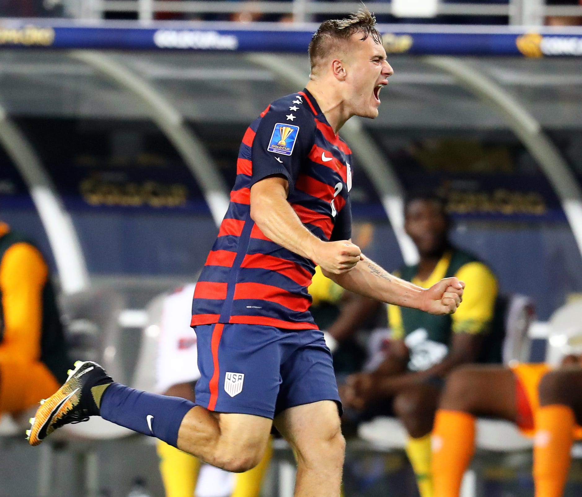 Jordan Morris celebrates after scoring the winning goal against Jamaica during the second half of the Gold Cup final.