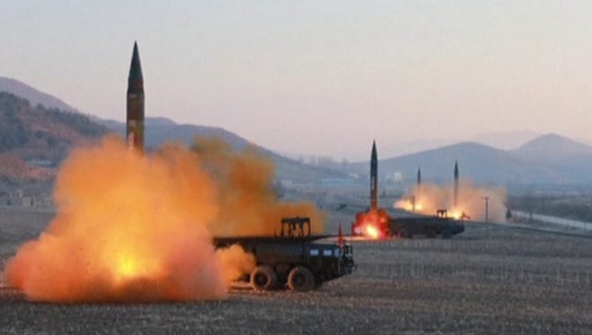 In this image made from video released by KRT on Tuesday, March 7, 2017, North Korea launches four missiles in an undisclosed location North Korea.