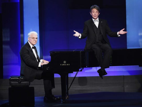 Actors Steve Martin (L) and Martin Short perform onstage