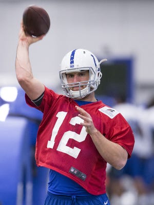 Andrew Luck, during Colts practice, at Indiana Farm Bureau Football Center, Indianapolis, Tuesday, May 17, 2016.