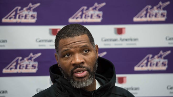 University of Evansville head coach Walter McCarty talks during an interview at Meeks Family Fieldhouse on Friday, March 23, 2018. McCarty, an Evansville native was announced as the new basketball coach Thursday. 