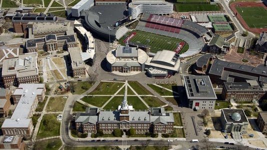 An aerial view of the University of Cincinnati West Campus looking east from above Clifton Avenue.