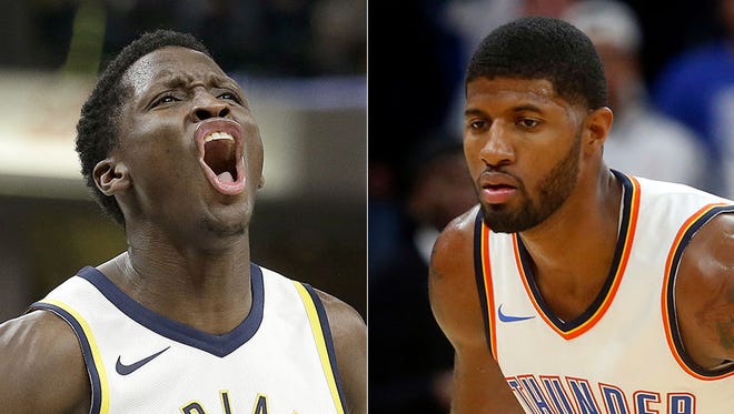 Victor Oladipo (left) and Paul George, who were traded for each other in June  2017.