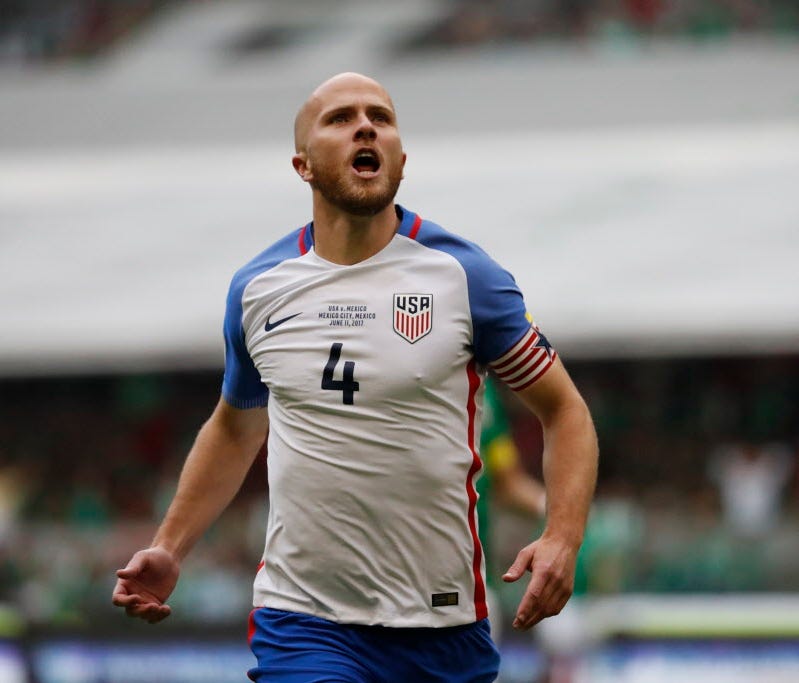 Michael Bradley celebrates after scoring against Mexico.