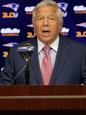 Patriots owner Robert Kraft addresses reporters Wednesday at the start of training camp.