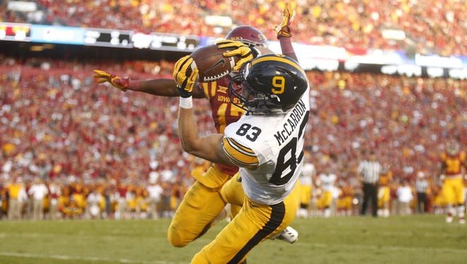 Iowa junior wide receiver Riley McCarron, a former prep athlete from Dubuque Wahlert, pulls in the go-ahead touchdown reception in the fourth quarter against Iowa State during the Cy-Hawk series on Saturday, Sept. 12, 2015, at Jack Trice Stadium in Ames, Iowa.