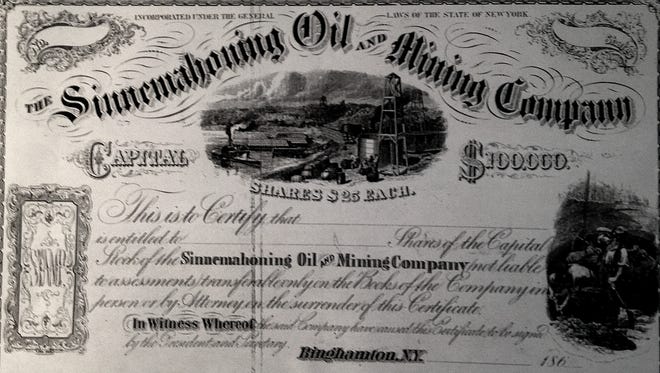 The stock certificate for Charles Root’s Sinnemahoning Oil and Mining Co., around 1865.
