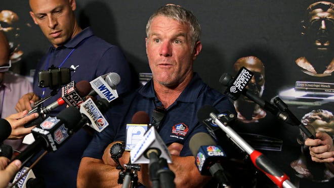 Brett Favre talks with the media about his induction into the Hall of Fame as well as his career, his drive, and the players and coaches with whom he played during a news conference Friday, Aug. 5, 2016 in Canton, Ohio, where Favre is part of the NFL Hall of Fame Class of 2016.