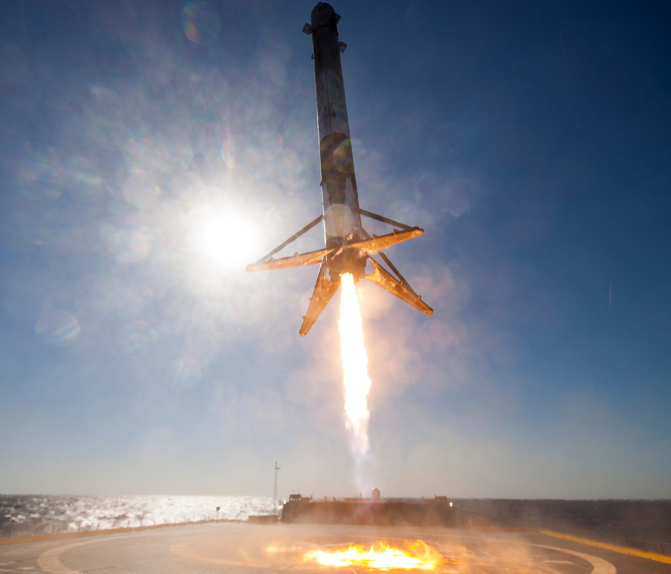 The first stage of a SpaceX Falcon 9 rocket lands on a drone ship in the Atlantic Ocean in April 2016.