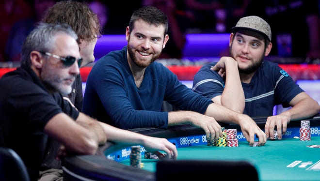 Damian Salas, Michael Ruane, Jack Sinclair and Bryan Piccioli. from left, compete during the World Series of Poker, Monday, July 17, 2017, in Las Vegas.