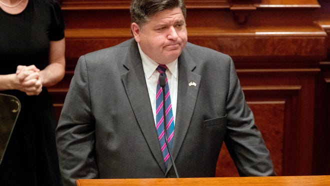 Illinois Gov. JB Pritzker pauses during his State of the State address at the Illinois Capitol in Springfield, Ill., Wednesday, Jan. 29, 2020.