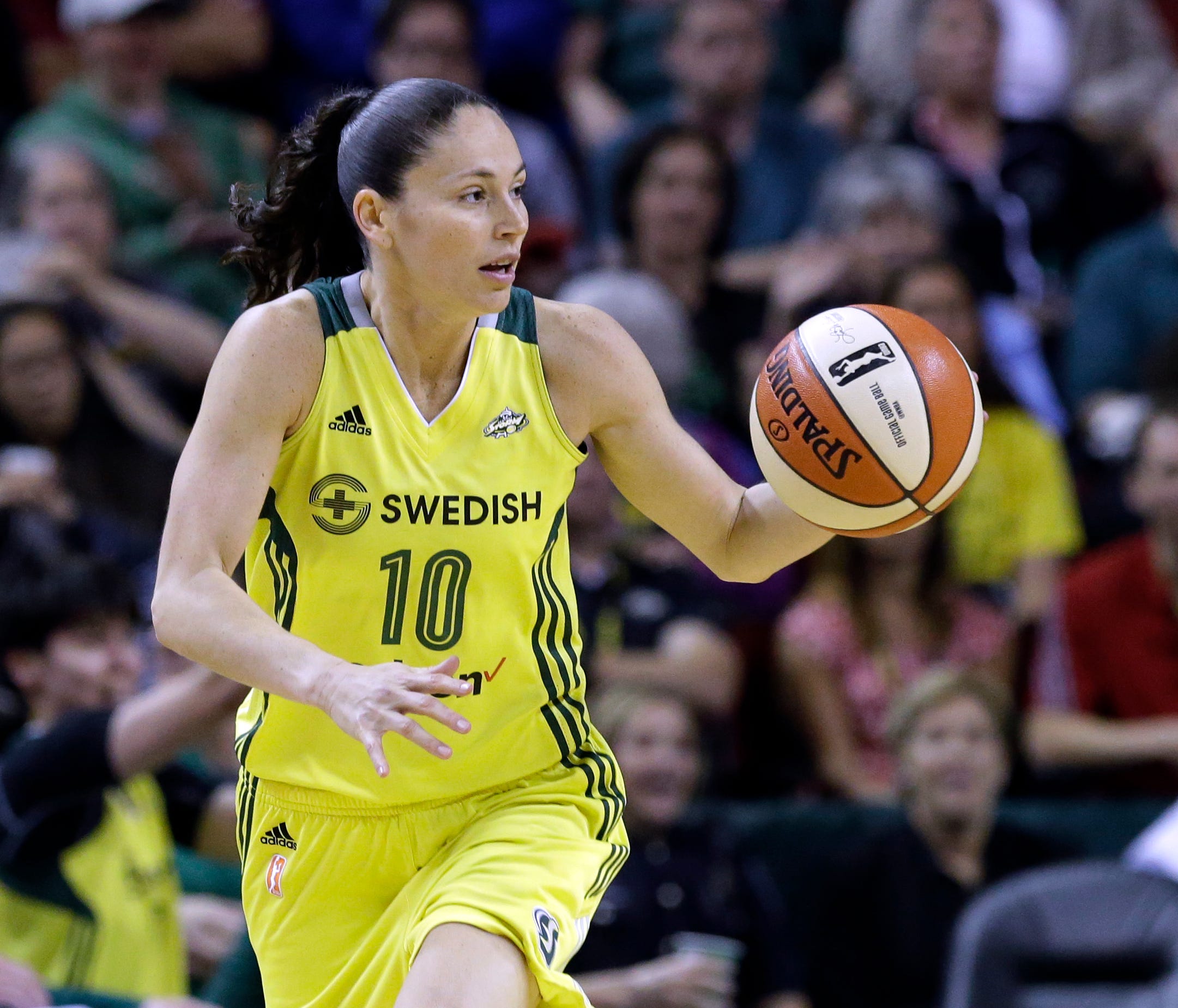 Seattle Storm's Sue Bird in action against the San Antonio Stars in a WNBA basketball game Sunday, June 18, 2017, in Seattle. (AP Photo/Elaine Thompson) ORG XMIT: OTK