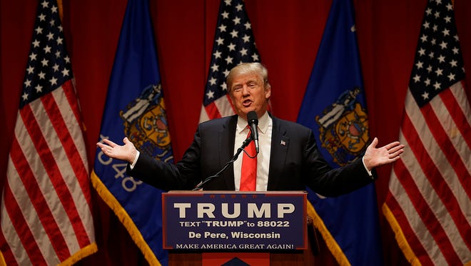 Republican presidential candidate Donald Trump speaks during his campaign stop at St. Norbert College in De Pere.