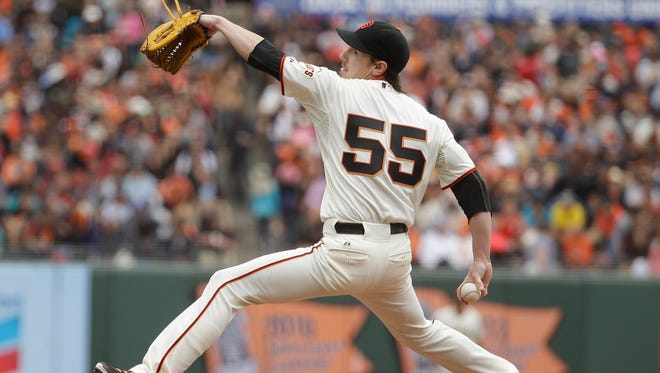 San Francisco Giants starting pitcher Tim Lincecum throws in the fifth inning of their baseball game against the San Diego Padres, Wednesday, June 25, 2014, in San Francisco. He threw a no hitter.