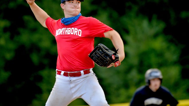 Northborough's Jack Connor pitches in relief against Franklin at Frankin High School Saturday, July 11. Connor pitched five innings giving up just one earned run in an upset win over Shrewsbury in an elimination game of the Worcester County Baseball League playoffs.