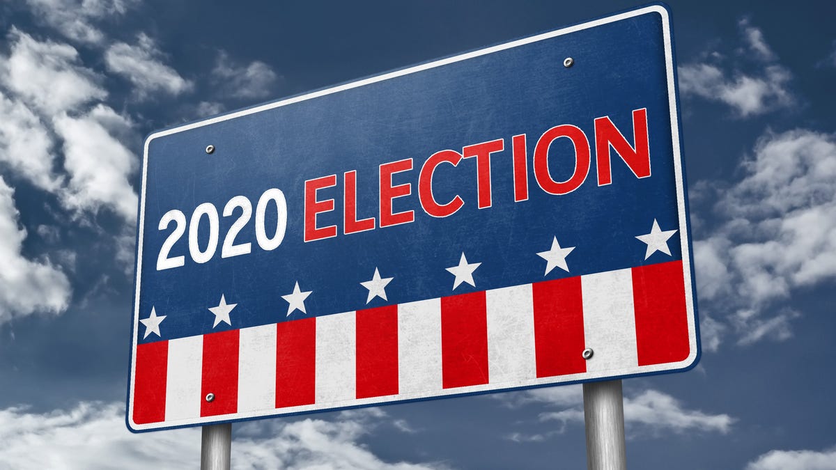 Sign with stars and stripes reading 2020 election