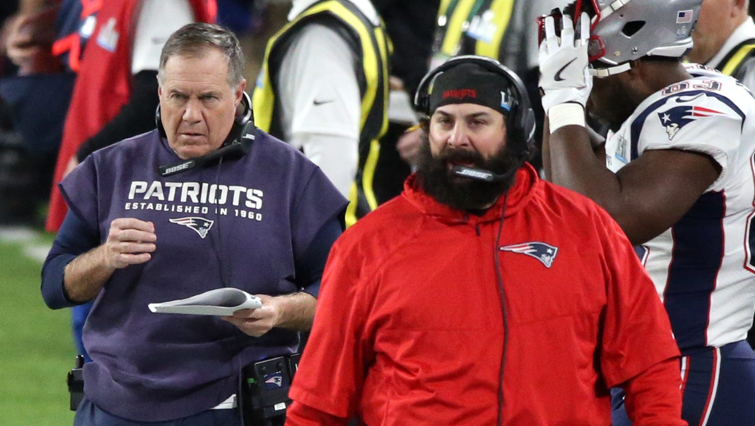 Matt Patricia (right) and Bill Belichick during the third quarter of the Patriots' 41-33 loss to the Eagles in Super Bowl LII at U.S. Bank Stadium on Sunday, Feb. 4, 2018.