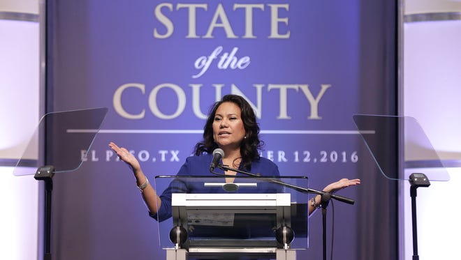 El Paso County Judge Veronica Escobar delivers the State of the County Address Wednesday at the Judson F. Williams Convention Center where she outlined the accomplishments of her office and announced the upcoming budget will not have any tax increases.