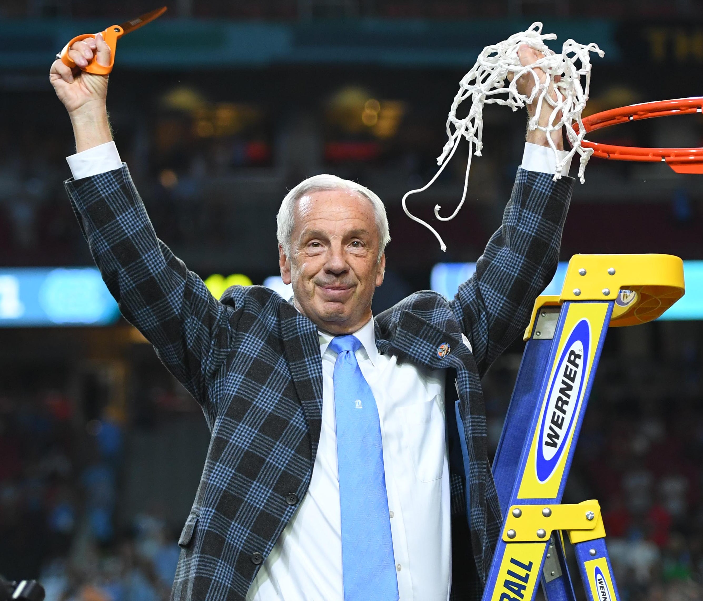 North Carolina Tar Heels head coach Roy Williams cuts down the net after defeating the Gonzaga Bulldogs in the championship game of the 2017 NCAA Men's Final Four at University of Phoenix Stadium.
