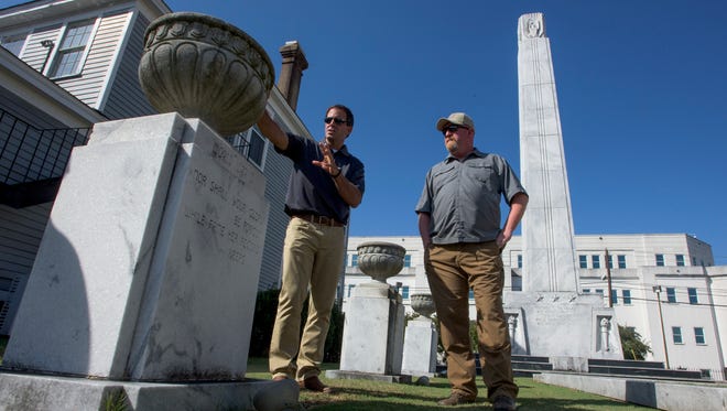 Pierre Tourney, of Clark Memorials, left, talks with Greg Akers, American Legion Department Adjutant, tour the Alabama War Memorial at the American Legion Headquarters in Montgomery, Ala., on Thursday October 20, 2016. They are beginning renovations on the memorial.