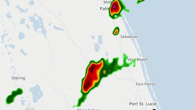 Radar at 6:05 p.m. shows strong storms moving through Indian River and St. Lucie counties on Tuesday, May 23, 2017.