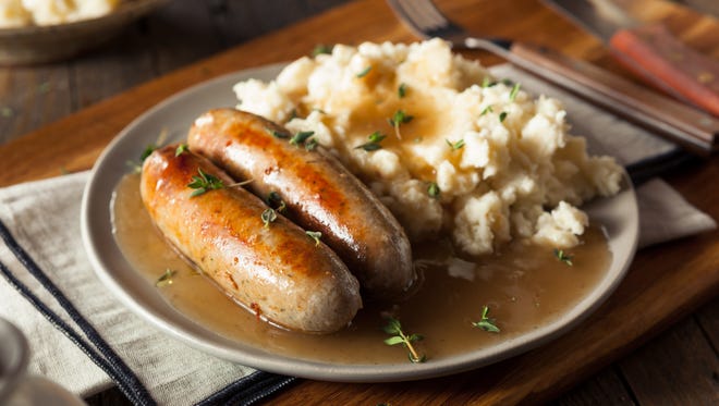 BANGERS AND MASH: Sausages and mashed potatoes.