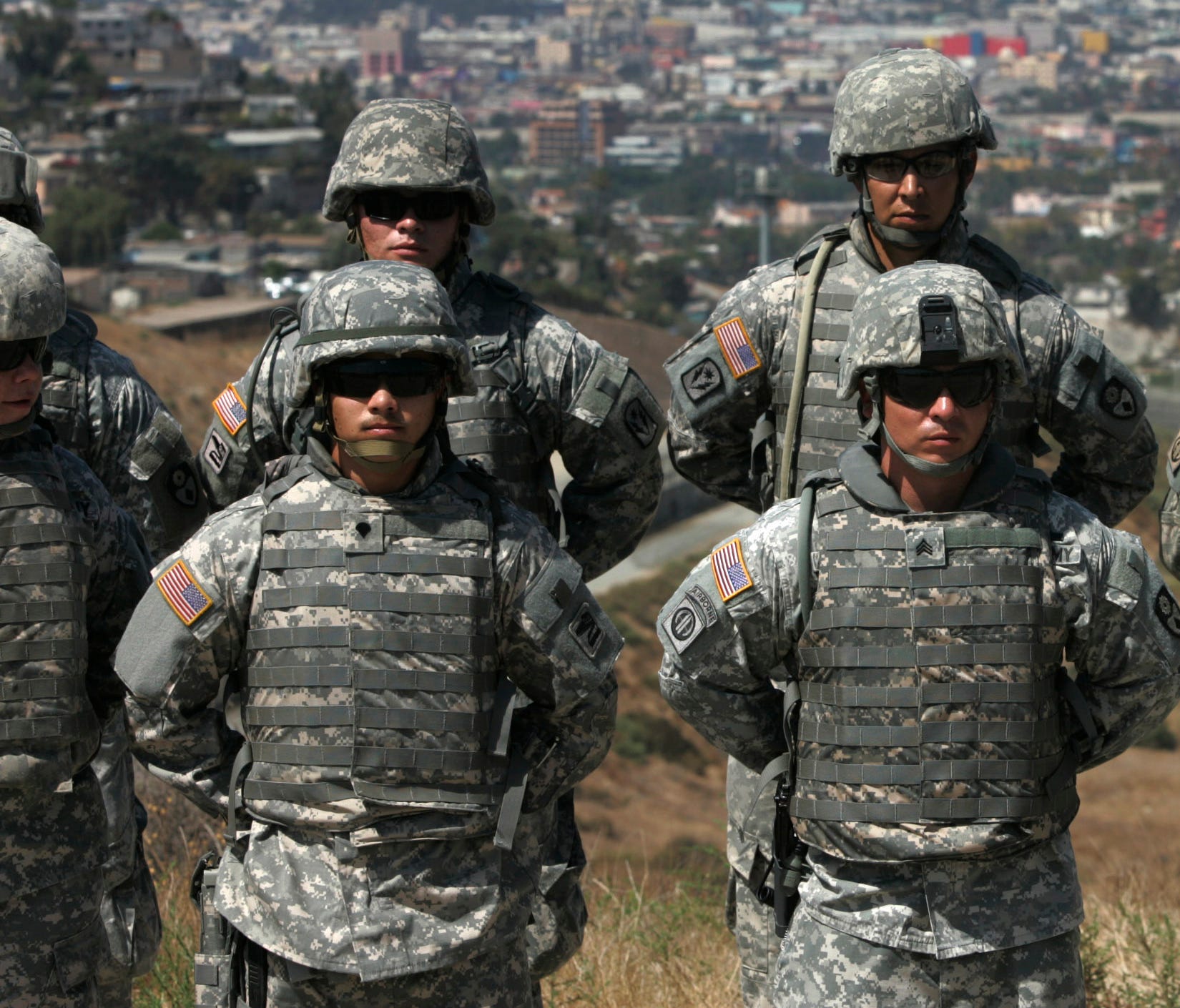 California National Guard troops stand in formation near the California-Mexico border on Aug. 18, 2010 in San Diego.