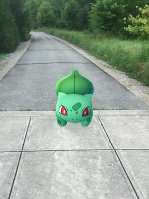 A Pokemon Go "Bulbasaur" is shown on the Cardinal Greenway by Hughes Nature Preserve.