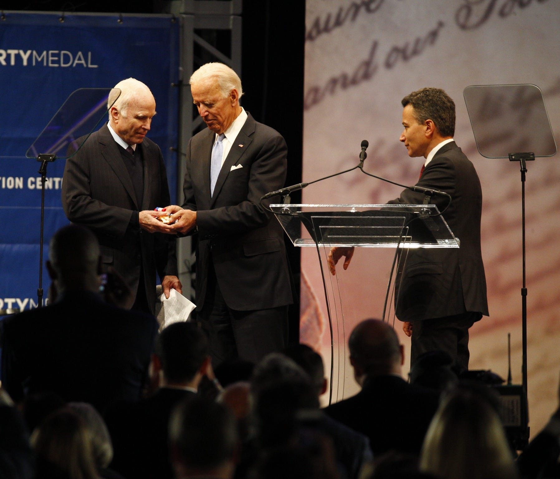 Former Vice President and chair of the National Constitution Center presents Sen. John McCain with the 2017 Liberty Medal Monday night at the National Constitution Center in Philadelphia.