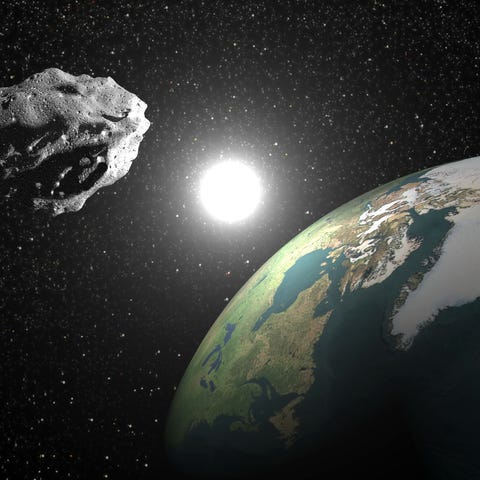 An illustration of an asteroid passing peaceably...