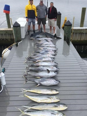 The Tim Gross charter starts with their catch of a mako shark, several yellowfin tuna and mahi-mahi aboard the Canyon Runner.