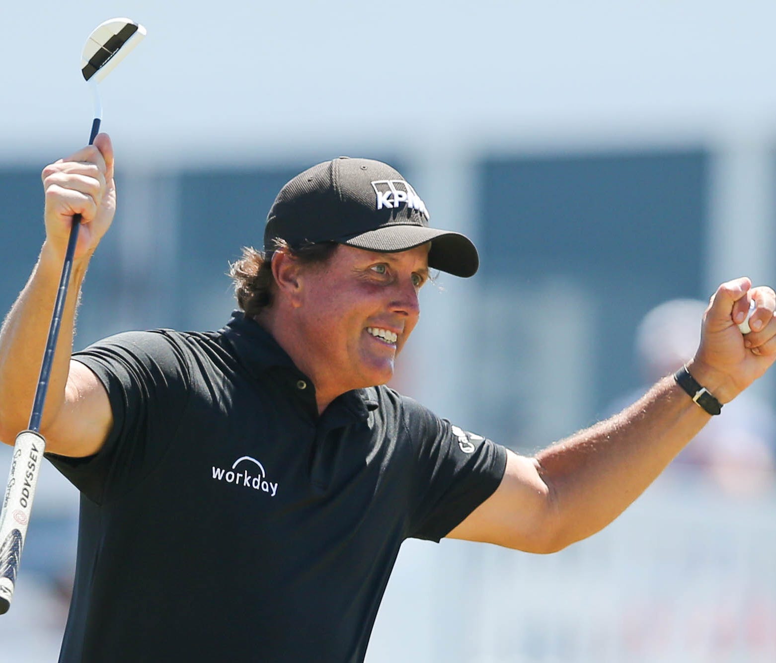 Phil Mickelson celebrates on the 13th green during the final round of the U.S. Open golf tournament at Shinnecock Hills on June 17.