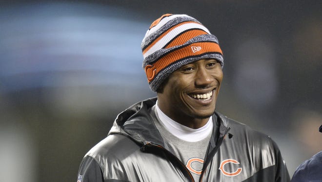 Brandon Marshall on the field during pregame warms up before a game against the New Orleans Saints at Soldier Field on December 15, 2014 in Chicago, Illinois.