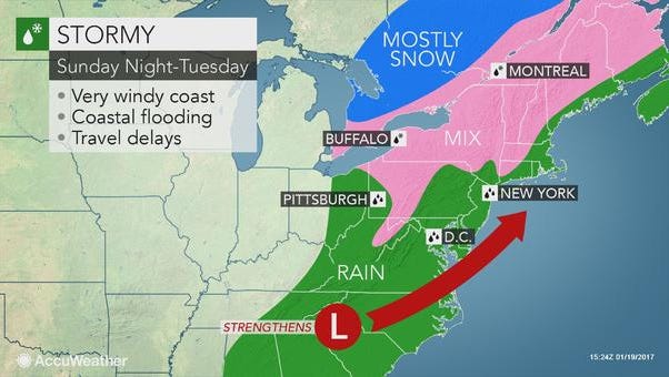 Meterologists are tracking a nor'easter-type storm that's traveling north from the southeast and could hit the Lower Hudson Valley Sunday night into Monday.