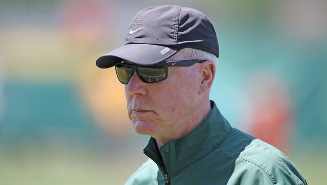 Green Bay Packers general manager Ted Thompson watches during organized team activities at Clarke Hinkle Field on June 1, 2017.