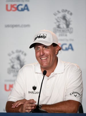 Jun 15, 2016: Phil Mickelson addresses the media in a press conference during the practice rounds on Wednesday of the 2016 U.S. Open golf tournament at Oakmont CC.