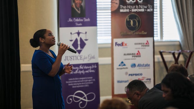 July 21, 2017 - Zaria Hall, 19, a theatre major at Alabama State University, sings the Yolanda Adams song "Through the Storm" during the Women's Empowerment Luncheon at the Southern Christian Leadership Conference national convention at The Peabody on Friday.