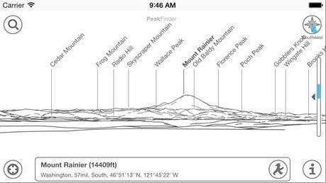 PeakFinder shows a panorama of the mountain peaks surrounding you with each peak’s name.
