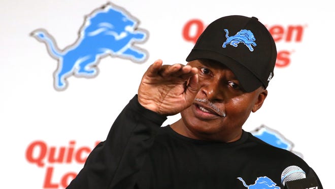Lions head coach Jim Caldwell talks with the media during the first day of training camp July 28, 2016 at the practice facility in Allen Park.
