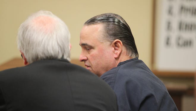 Stephen Giordano, right, sits with Public Defender Jeff Gorder on Monday shortly after Shasta County Superior Court Judge Monique McKee sentenced him to 25 years to life in prison in the 2016 murder of his father.