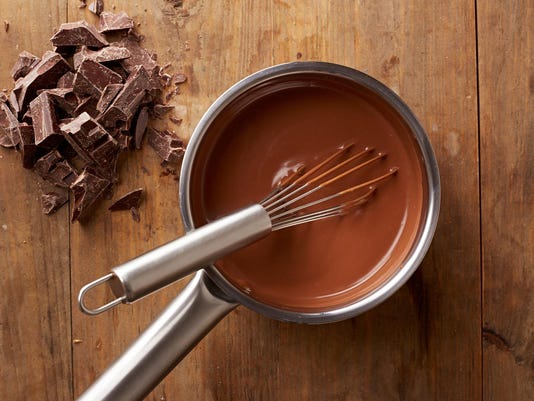 Overhead view of melted chocolate in a pot with a whisk