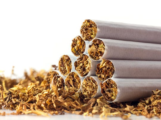 A pyramid of tobacco cigarettes lying atop a thin bed of dried tobacco.