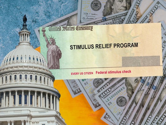 Collage of stimulus check, hundred-dollar bills, and U.S. Capitol.