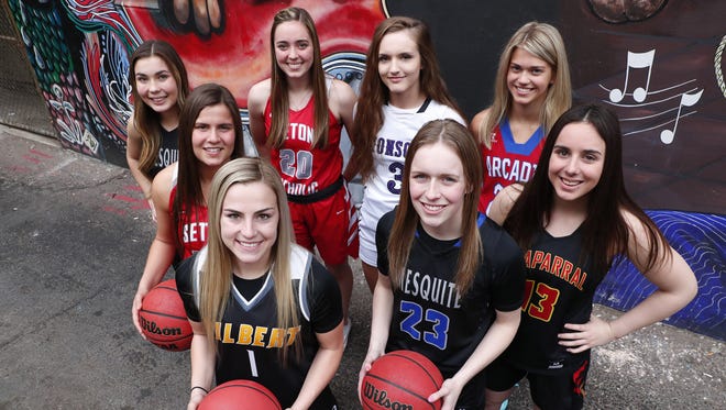 The eight nominees for Arizona High School Girls Basketball Player of the Year 2017-18. #AZCSA Seton's Sarah Barcello, Gilbert's Haley Cavinder, Valley Vista's Taylor Chavez, Mesquite's Shaylee Gonzales, Arcadia's Bryce Nixon, Seton's Sara Pfeiffer, Mesquite's Lindsey VanAllen, Chaparral's Maddie Vick.