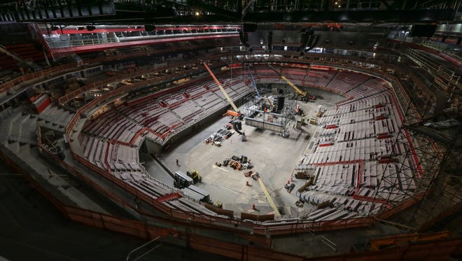 Work continues on the arena area during a construction tour of the Little Caesars Arena in downtown Detroit on June 12, 2017.