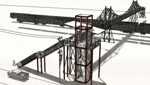 This illustration shows what an ADA-compliant elevator and staircase might look like for the Jefferson Avenue Footbridge.