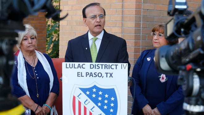 Ray Mancera, LULAC's former national vice president for the Southwest region, on Tuesday discusses the lawsuit filed by the organization against the state of Texas in an attempt to block the implementation of Senate Bill 4. Mancera was joined by LULAC Council 4982 member Mary Mier, left, and LULAC District IV Director Mary Yañez in front of the El Paso County Courthouse.