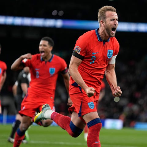 England's Harry Kane celebrates after scoring duri
