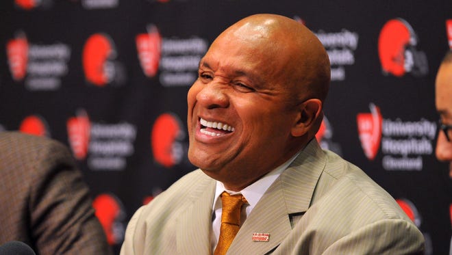 Cleveland Browns head coach Hue Jackson talks during a press conference at the Cleveland Browns training facility.