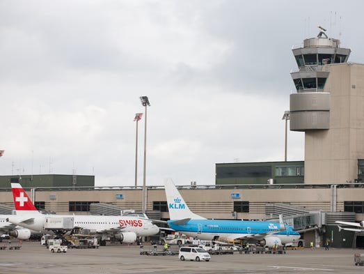 Zurich International Airport's tower looms over several